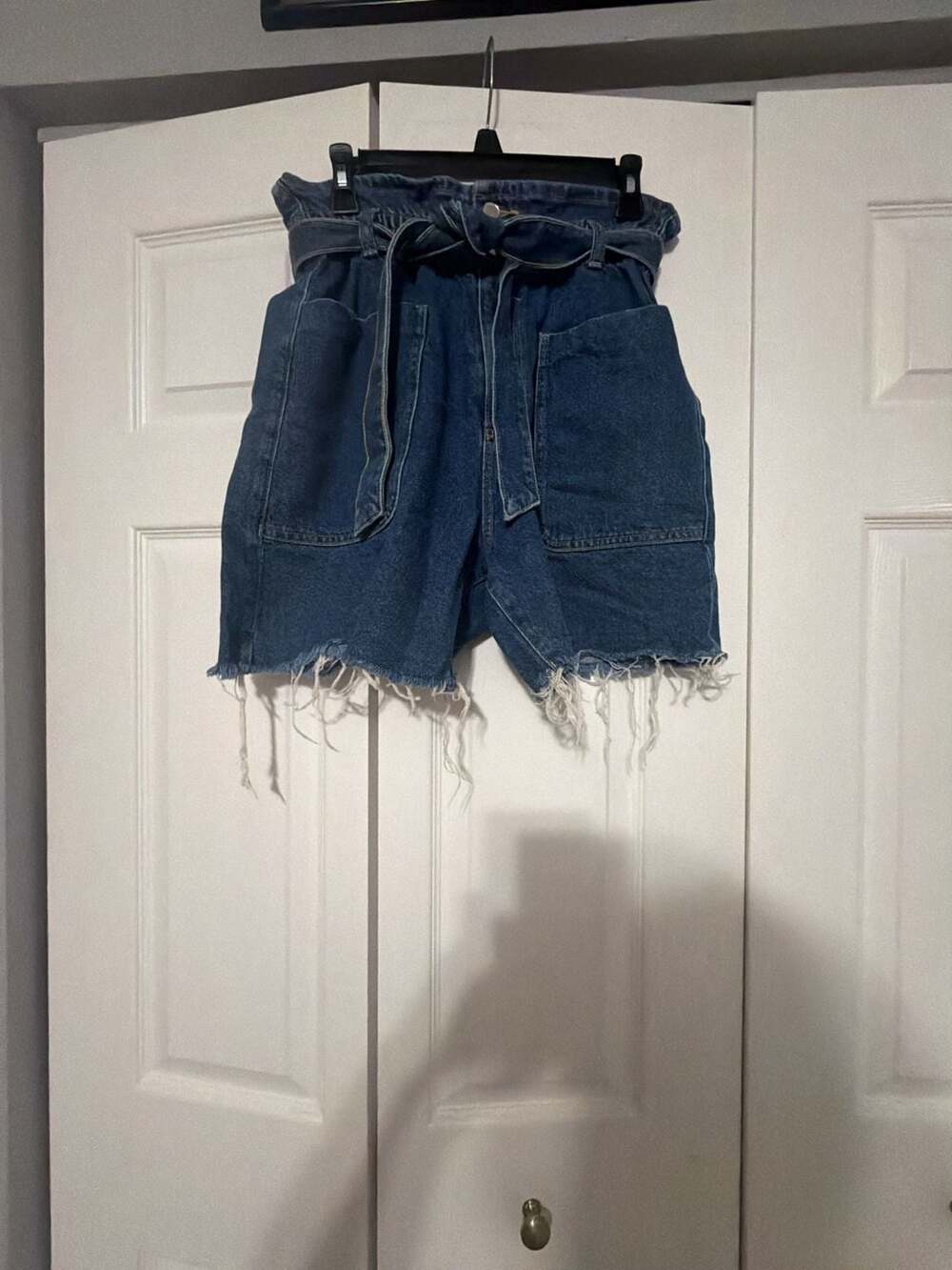 Zara Paperbag Denim Bermuda Shorts with Belt and Frayed Hem Size USA 6